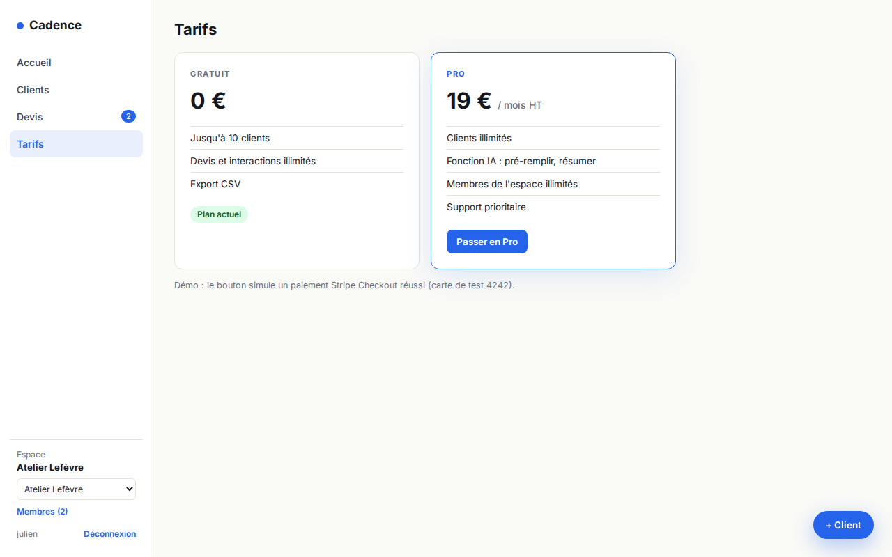 Page tarifs et paiement par abonnement